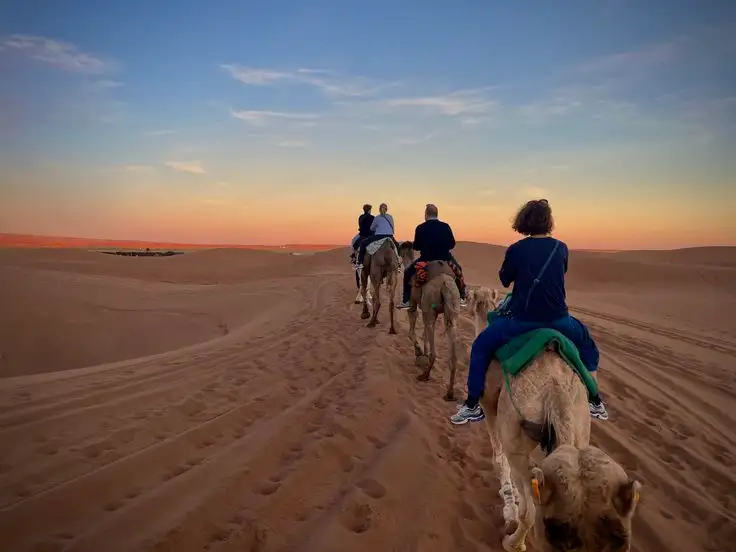Camel trek at sunset on the 3-day Marrakech to Merzouga desert tour